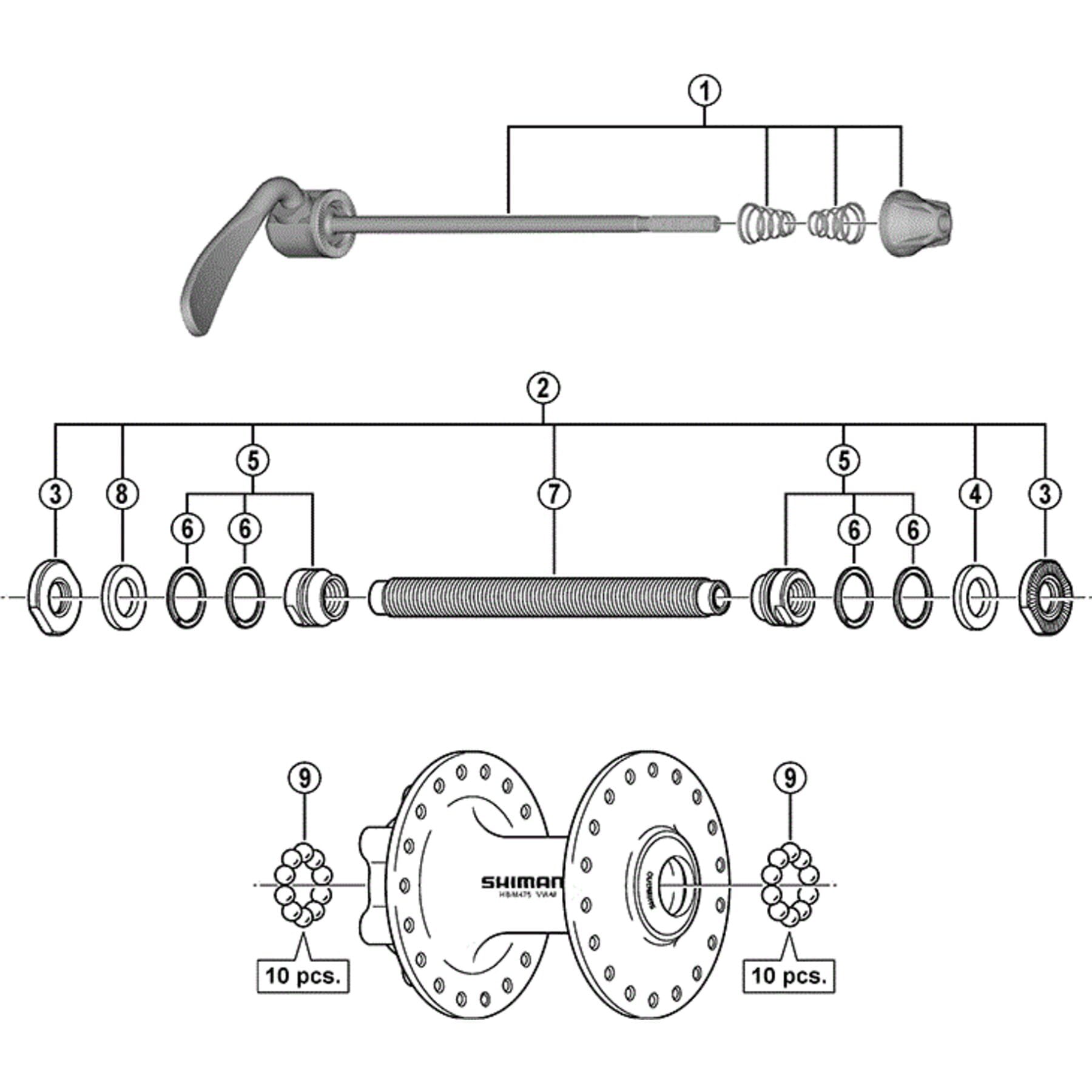 Shimano Spares HB-M475 complete axle assembly 108 mm